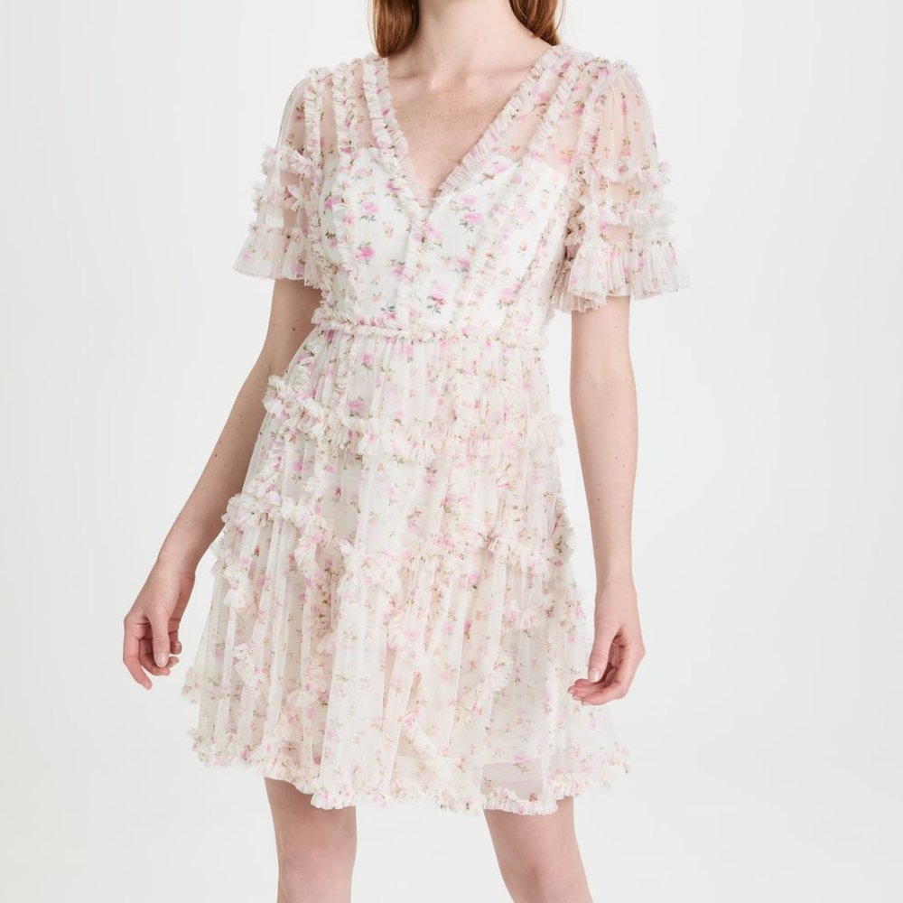 NWT! ✨Needle & Thread Bijou Rose Ruffle Mini Dress in White and Pink ✨